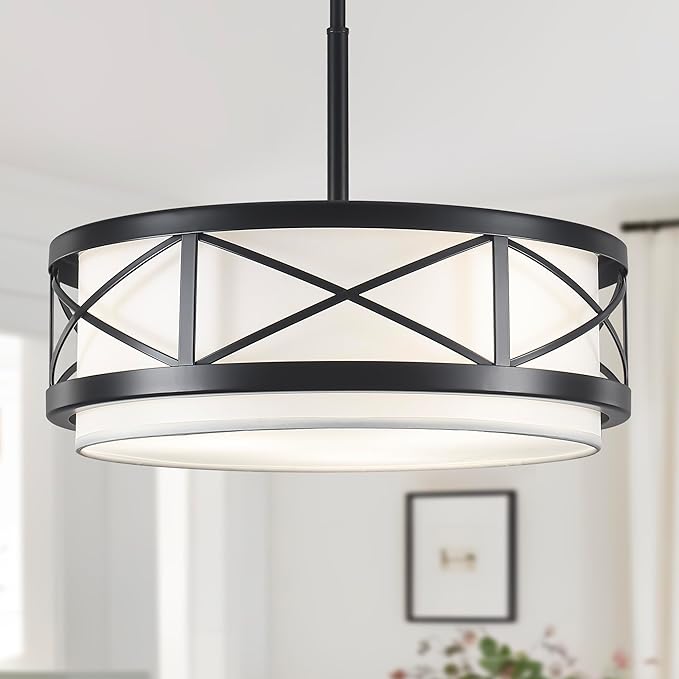 19.7'' Modern Drum Chandelier, 5-Light Round Chandeliers for Dining Room Farmhouse Pendant Light with White Fabric Shade for Kitchen Living Room Entryway Bedroom (Black)