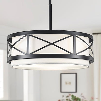 19.7'' Modern Drum Chandelier, 5-Light Round Chandeliers for Dining Room Farmhouse Pendant Light with White Fabric Shade for Kitchen Living Room Entryway Bedroom (Black)