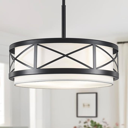 19.7'' Modern Drum Chandelier, 5-Light Round Chandeliers for Dining Room Farmhouse Pendant Light with White Fabric Shade for Kitchen Living Room Entryway Bedroom (Black)