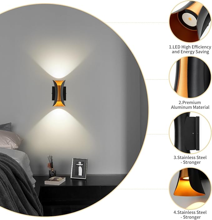ziidoo Wall Sconce Modern Indoor Outdoor Lights,7.9 inch IP65 Black and Gold LED Patio Porch Front Door Light Fixture House Decor Wall Light for Porch Up and Down Stairs Hallway Living Room Bedroom