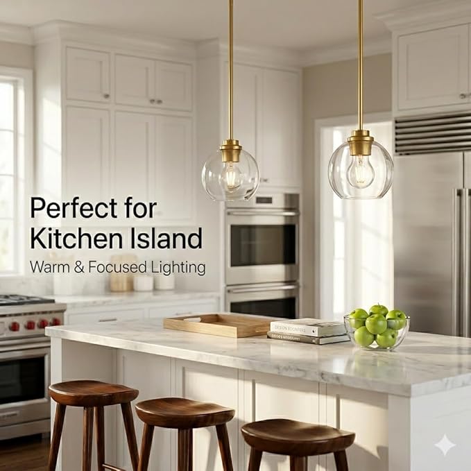 Gold Pendant Light – 7 Inch Clear Glass Farmhouse Hanging Fixture, Adjustable Height & Sloped Ceiling Compatible for Kitchen Island Dining Room Entryway Bedroom Hallway, 1 Pack
