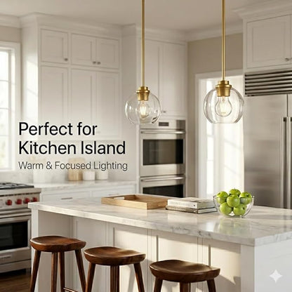 Gold Pendant Light, 7 Inch Clear Glass Farmhouse Hanging Fixture, Adjustable Height & Sloped Ceiling Compatible for Kitchen Island Dining Room Entryway Bedroom Hallway, 3 Pack