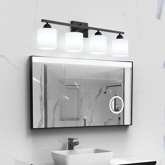 Mecgirn Milk Glass Vanity Lights for Bathroom, 4 Light Matte Black Bathroom Light Fixtures Over Mirror, Ceramic E26 Sockets Wall Mounted