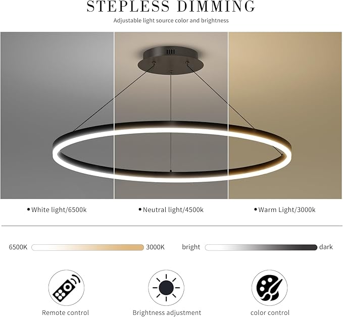 Mikeru Modern LED Chandelier Light, Ceiling Pendant Light Fixtures with Remote Control 3000k-6500K Adjustable Color Temperature Light for Living Room, Bedroom, Kitchen （23.6IN