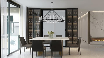70 Inch Black Wagon Wheel Chandelier with Glass Shade, 24 Lights, Modern Farmhouse Style, Ideal for Dining Room, Kitchen, Entryways
