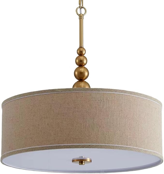 Shrine Lighting Drum Chandeliers, Farmhouse Style, Perfect Drum Pendant Light for Dining Room, D20'' x H7'', Adjustable Chains 59'', E26*3 Sockets, Beige Linen Fabric Lampshade & Gold Rod