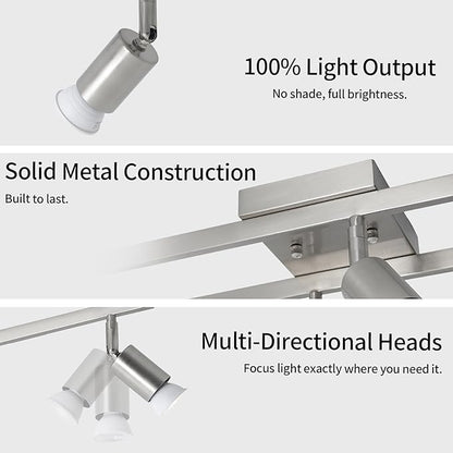 KEESFU Nickel 6-Light Track Lighting Fixtures Ceiling, GU10 LED Ceiling Spotlight with Rotatable Heads, Modern Track Light for Kitchen, Hallway, Living Room