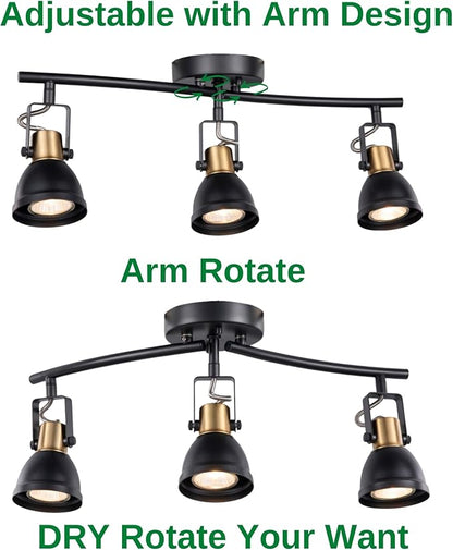 3 Light Foldable Track Lighting Kit, Matte Black Brass Finish Pivot Shades Rotatable Arm with GU10 Socket Modern Ceiling Spot Light for Kitchen,Bedroom,Living Room Home Improvement