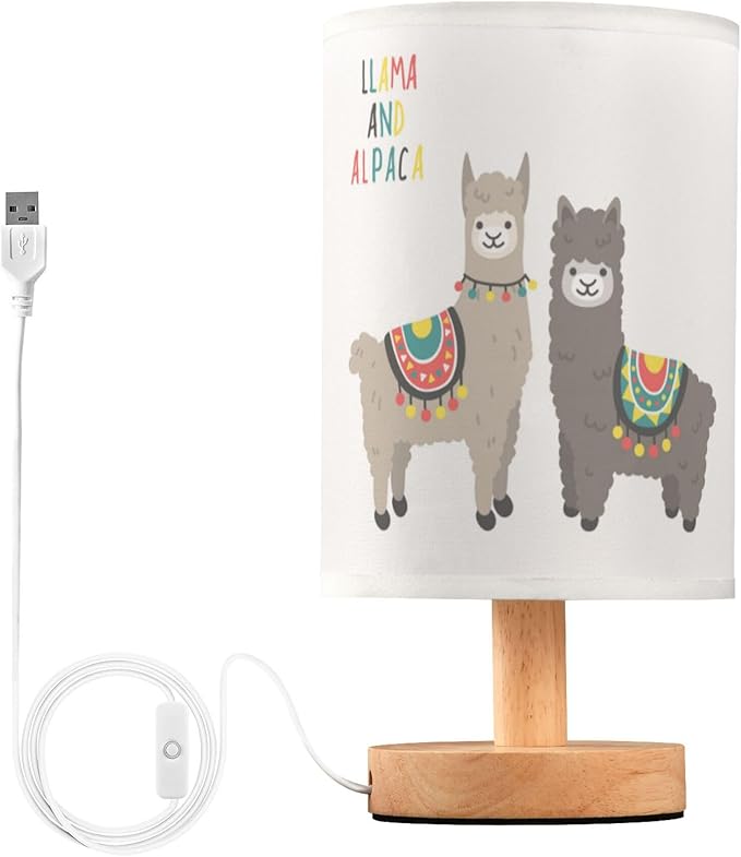 Cute Llama Alpaca Funny Smile Animal Table Lamp with Wood Base Fabric Lamp Shade Bedside Nightstand Desk Lamp for Living Room Bedroom Kids Room Office