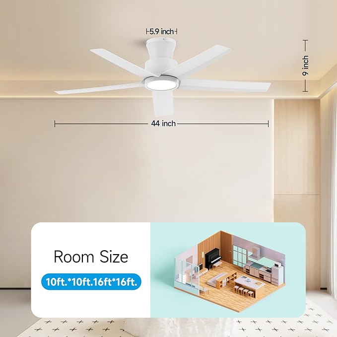 ocioc 44 Inch Ceiling Fans with Lights, Large Air Volume Ceiling Fan with Nightlight, Ultra Quiet Reversible DC Motor with Remote（White）