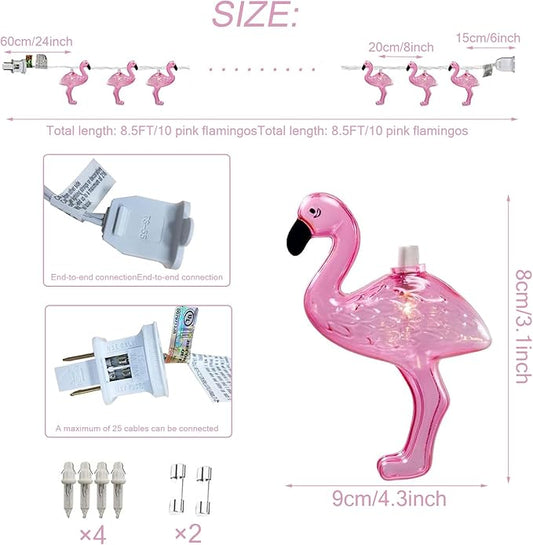 8.5Ft Pink Flamingo Outdoor String Lights, 9ft Summer Patio LED String Lights, Bedroom Birthday Wedding Holiday Summer Theme Outdoor Cute Party Lights, Tropical Party Decoration, Flamingo Decoration