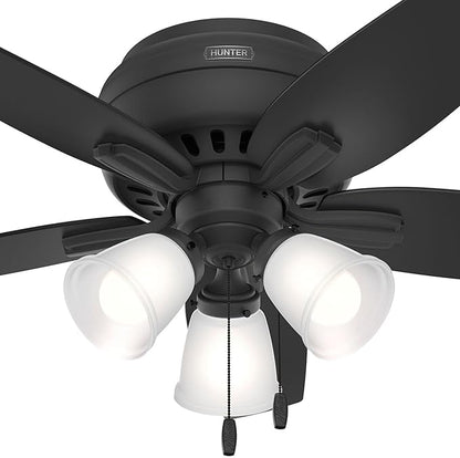 Hunter 42 inch Indoor Ceiling Fan with LED Lights - Black Ceiling Fan with Pull Chain, For Bedroom or Living Room, Low Profile Flush Mount, No Remote, 5 Blades - Newsome 52393, Matte Black
