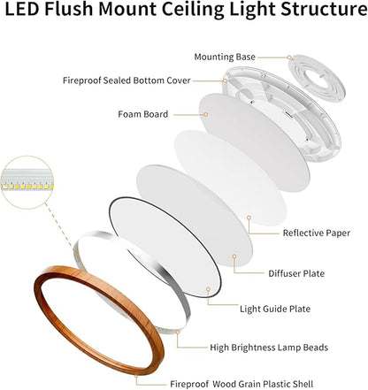 Light Fixtures Ceiling Mount: 12 Inch 24W Wood Grain LED Ceiling Light 3000K-4000K-6000K Selectable Flat Low Profile Round Ceiling Lights for Bedroom Laundry Closet Hallway - Walnut