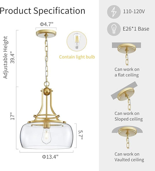 WUZUPS Chandelier Rustic Farmhouse Industrial Round Ceiling Pendant LED Light Fixture with Clear Glass Shades for Dining Room Kitchen Island Foyer Entryway, H 17" x W 13.4", E26 Base, Gold