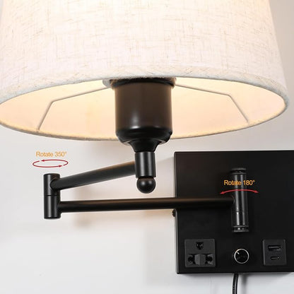 Swing Arm Wall Sconce with Linen Fabric Shade, USB-A & USB-C Charging Ports, Built-in AC Outlet & Rotary Dimmer, Plug-in Adjustable Reading Wall Lamp for Bedside Bedroom Hotel