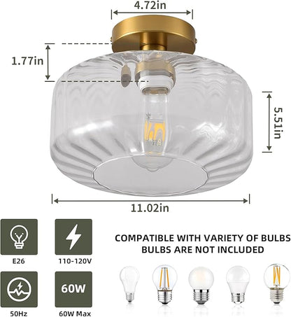 Gold Semi Flush Mount Ceiling Light, Luxury Close to Ceiling Light Fixtures with Transparent Glass Shade, Round Light Fixtures Ceiling Mount for Bathroom Dining Room Bedroom Living Room Hallway, E26