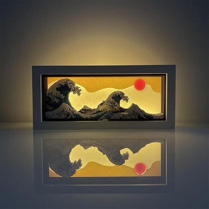 Hokusai The Great Wave 3D Paper Carving LED Night Light – Shadow Box Lamp, USB & Battery Powered Decorative Light for Bedroom & Living Room, Aesthetic Room Decor & Ideal Gift for Art Lovers