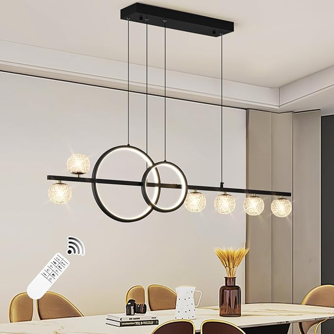 ORANOOR Modern Black Gold Chandeliers for Dining Room, 47in Dimmable LED Chandelier Linear Pendant Light for Kitchen Island, Upgraded 6 Globe Hanging Pendant Chandelier Lighting (2 Rings, 4200lm)