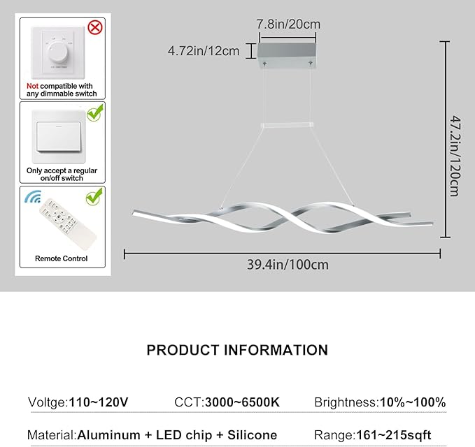 Jaycomey Gray Modern LED Pendant Light, Dimmable Wave Chandelier with Remote Control, Acrylic Hanging Lighting Fixture for Dining Room Kitchen Island, 3000-6000K 28W