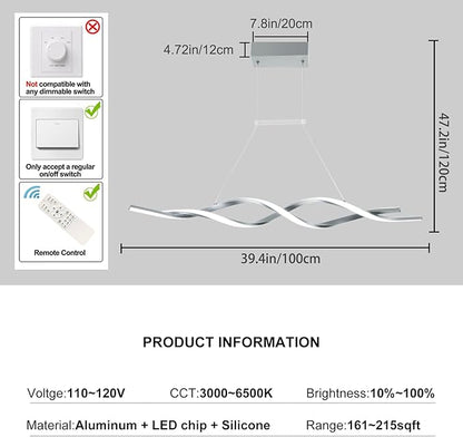 Jaycomey Gray Modern LED Pendant Light, Dimmable Wave Chandelier with Remote Control, Acrylic Hanging Lighting Fixture for Dining Room Kitchen Island, 3000-6000K 28W