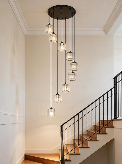 Long Chandeliers for High Ceilings,Modern Crystal Pendant Light,Raindrop Drop Lamp,Hanging Flush Mount Lighting Fixtures for Spiral Staircase,Foyer,Entryway,Living Room,Black (8 Lights)