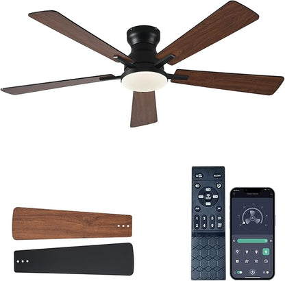 JSAITEE Ceiling Fans with Lights, 52Inch Low Profile Ceiling Fan with Light and Remote/App Control, Modern Flush Mount Brown Ceiling Fan, 3CCT Dimmable, Reversible DC Motor, for Living Room,Bedroom