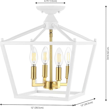JONATHAN Y 12" White/Brass Gold Modern Farmhouse Pagoda 4-Light LED Semi Flush Mount Lantern, Metal Ceiling Light Fixture for Kitchen, Hallway, Entryway, Bedroom, Hardwired (JYL7610F)