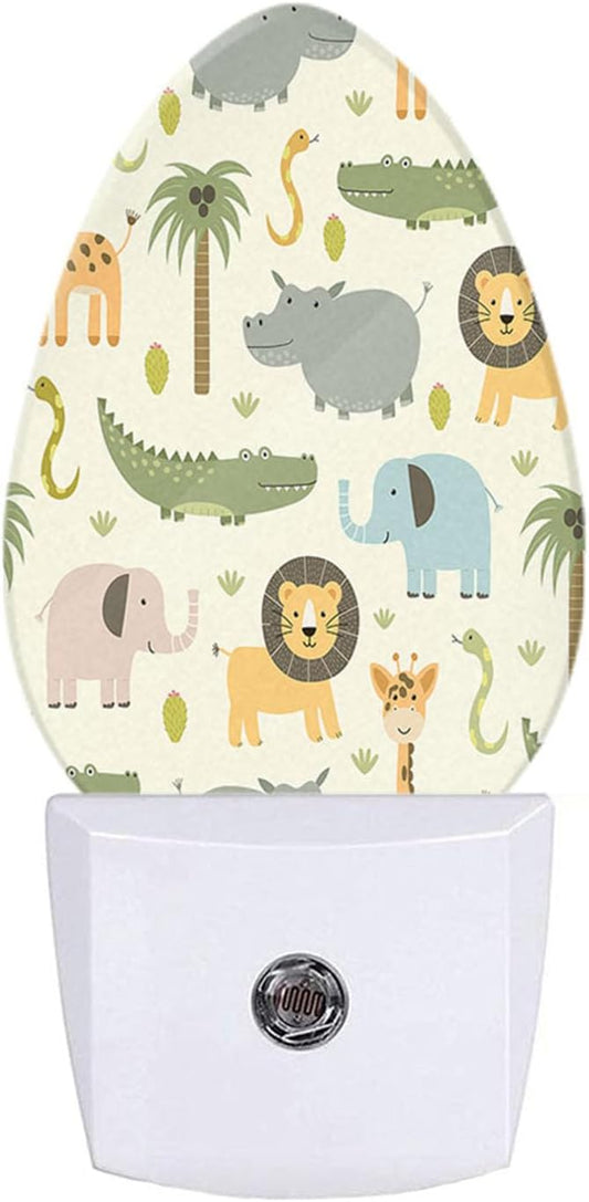 Cartoon Safari Animals Night Light Cute Hippo Crocodile Lion Elephant and Giraffe LED Dusk to Dawn Plug-in Nightlight Auto Sensor for Bedroom Bathroom Hallway Living Room