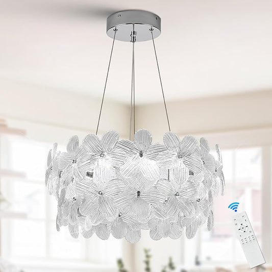 Elegant LED Crystal Chandelier 20'' Chrome Contemporary Flower Flush Mount Dimmable Chandelier Light Fixture with Remote Control for Living Dining Room Entryway Kitchen Bedroom(3000K-6500K)