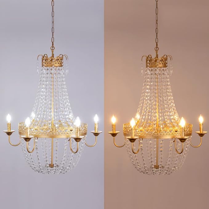 Wellmet French Empire Crystal Chandelier Modern Adjustable Hanging Pendant Ceiling Mount Light Fixture for Hallway Dining Living Room Bedroom Foyer, H 38.2" x W 31.5", Gold, 6-Light, E12 Base
