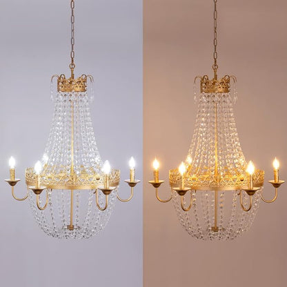 Wellmet French Empire Crystal Chandelier Modern Adjustable Hanging Pendant Ceiling Mount Light Fixture for Hallway Dining Living Room Bedroom Foyer, H 38.2" x W 31.5", Gold, 6-Light, E12 Base