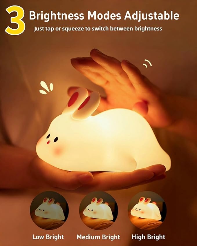 Big Face Rabbit Silicone Night Light, Squishy Bunny Lamp with Touch Control, 30-Min Timer, Rechargeable Kids Night Light for Bedroom Nursery, [Mothers Day Gifts]