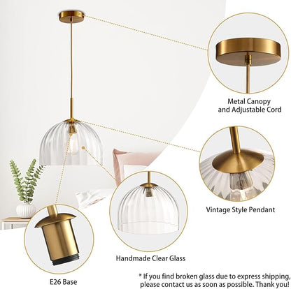 Modern Pendant Lights Kitchen Island, 11.8 Inch Dome Lampshade Large Chandelier, Rustic Farmhouse Industrial Ceiling Hanging LED Lighting Fixture with Clear Glass Bell Shade