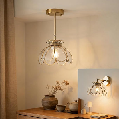 Vintage Brass Ceiling Pendant Light with Stained Lotus Flower Clear Glass Shade, Oriental Hanging Lamp or Wall Sconces Dual-Purpose, for Kitchen Island Dining Room Bedroom Living Room-7.9" Shade