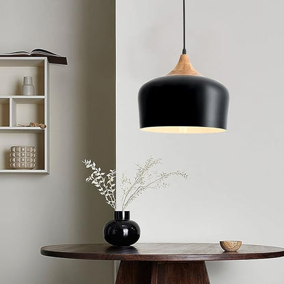 11.8 inch Black Industrial Pendant Light, Adjustable Wood Ceiling Hanging Lighting with Dome Metal Shade,Farmhouse Minimalist Lamp for Kitchen Island,Dining Room,Bar, Bedroom,Hallway
