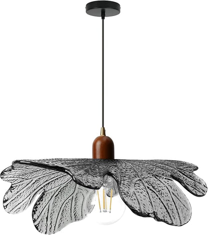 15.75" Large Gray Petal Glass Pendant Light, Mid Century Modern Adjustable 59" Cord Hanging Ceiling Lamp, Floral Leaf Pendant Light for Kitchen Island Dining Room