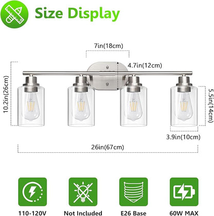 Ascher 4-Light Bathroom Light Fixtures, Modern Vanity Lights with Clear Glass Shade, Brushed Nickel Wall Lamp for Bathroom Mirror Hallway Cabinet Porch