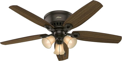 Hunter 52 inch Indoor Ceiling Fan with LED Lights - Bronze Ceiling Fan with Pull Chain, For Bedroom, Living Room, or Kitchen, Low Profile Flush Mount, No Remote, 5 Blades - Builder 53327, New Bronze