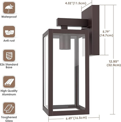 MAXvolador Outdoor Wall Sconce, Exterior Waterproof Wall Lantern Light Fixture, Dark Chocolate Porch Light Glass, Anti-Rust E26 Patio Lighting, 2 Pack