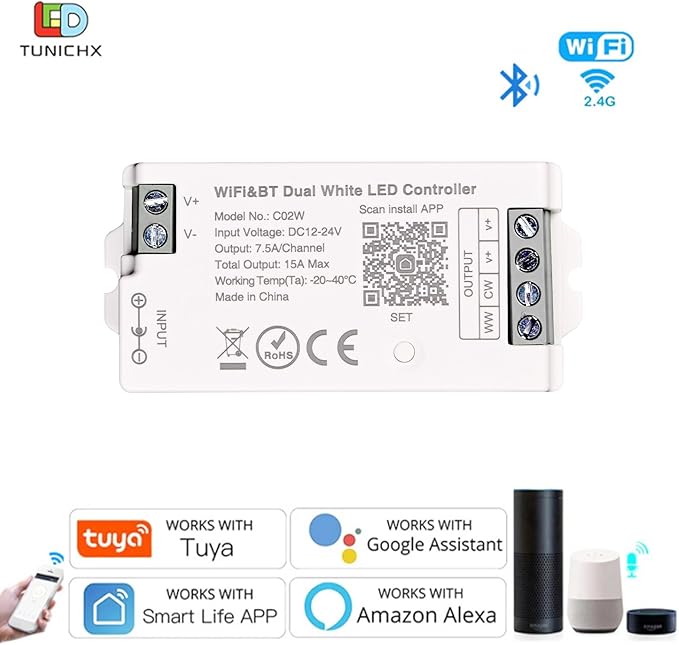 C02W CCT LED Controller, Tuya WiFi 2.4G RF, 3Pin PWM Dual White Dimmer for LED Strip, APP & Voice Control, Compatible with Alexa Google Home, Compatible with WR02RF RC02RFB Remote