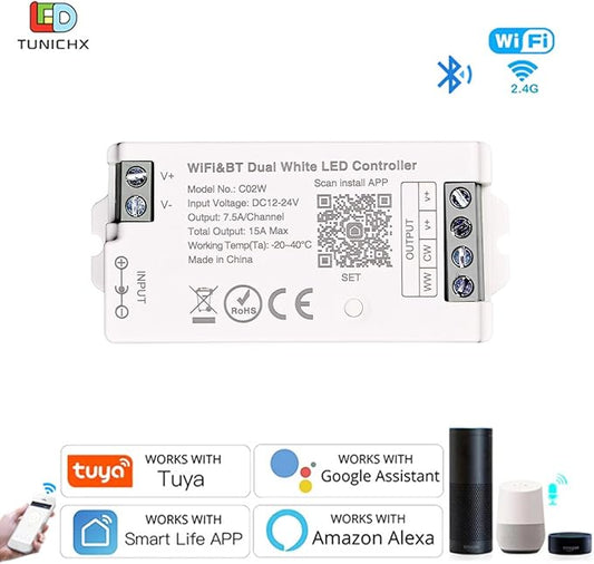C02W CCT LED Controller, Tuya WiFi 2.4G RF, 3Pin PWM Dual White Dimmer for LED Strip, APP & Voice Control, Compatible with Alexa Google Home, Compatible with WR02RF RC02RFB Remote