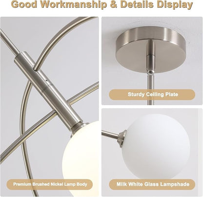 Mid Century Modern Chandelier, 5 Light Silver Sputnik Light Fixture with White Glass Globe Shade, Adjustable Modern Sputnik Chandelier for Dining Room Kitchen Bedroom