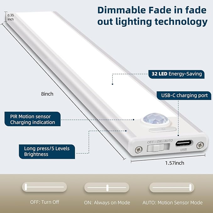 12inch Under Cabinet Lighting, 4 Pack Rechargeable Motion Sensor Light Indoor, Wireless Dimmable Magnetic Closet Lights, 50 LED Under Counter Lights for Kitchen, Wardrobe, Stairs, White Light