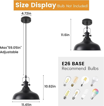 Farmhouse Pendant Lights, 11.4" Black Pendant Lighting for Kitchen Island, 2 Pack Kitchen Island Lighting, Industrial Vintage Hanging Light Fixtures for Barn, Dining Room