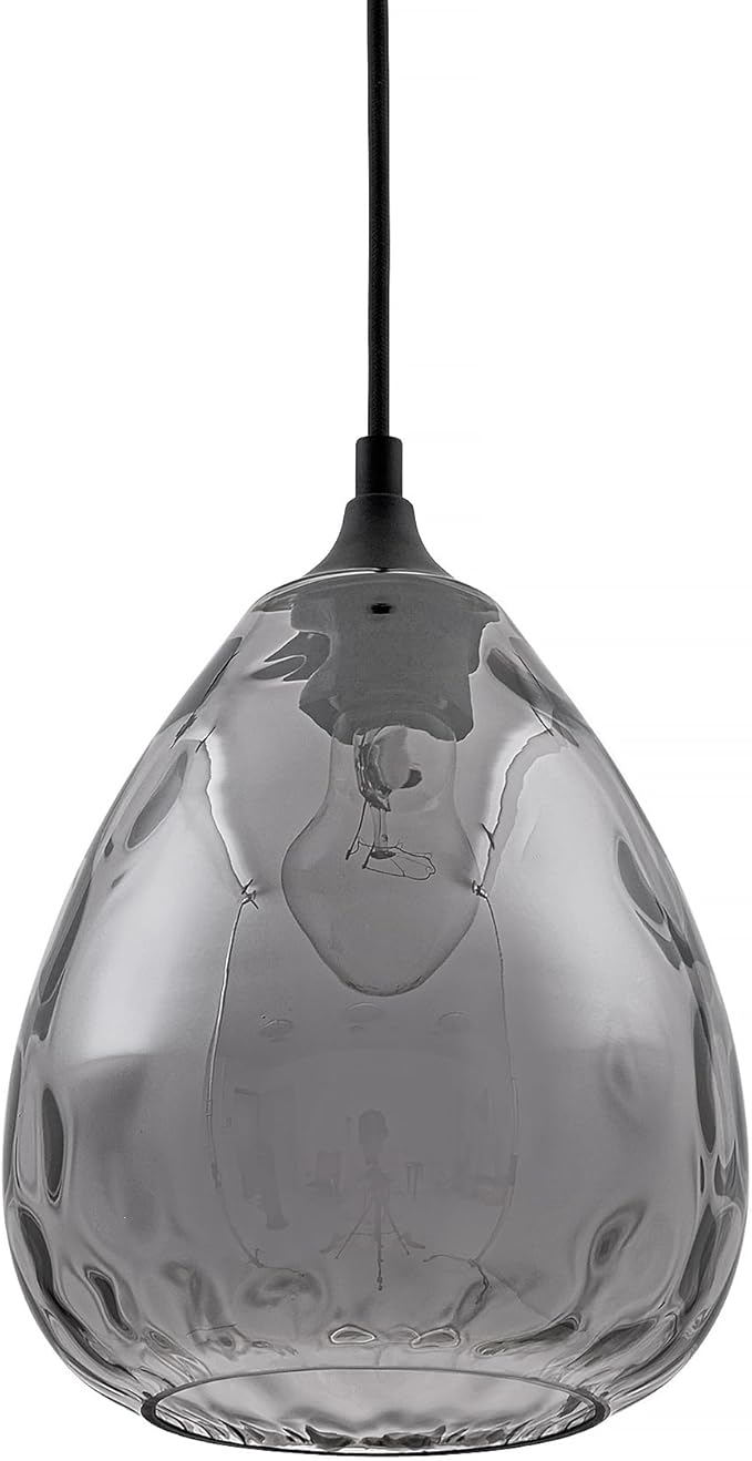 Smoked Hammered Glass Pendant Light with Matte Black Accent, Adjustable Hanging Lamp for Kitchen, Dining Room, and Living Room