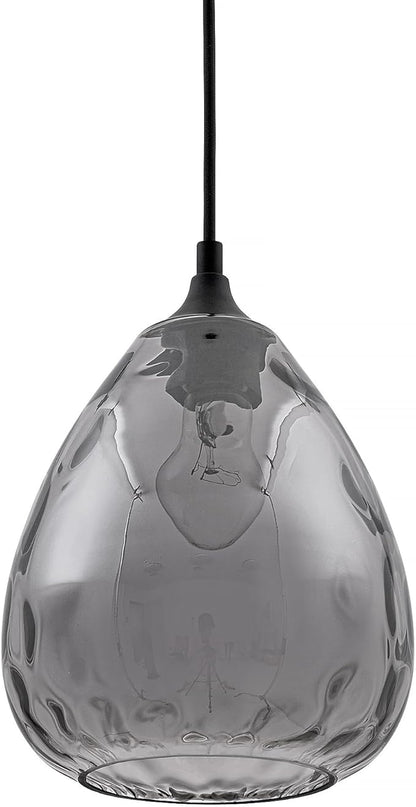 Smoked Hammered Glass Pendant Light with Matte Black Accent, Adjustable Hanging Lamp for Kitchen, Dining Room, and Living Room