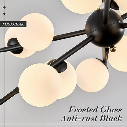 Large Black Sputnik Chandelier 39in 12-Light Frosted Glass Chandelier Light Fixture Mid-Century Modern Molecular Chandeliers for Living Room Dining Room Foyer Kitchen Bedroom