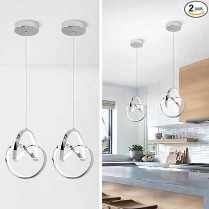 Modern LED Pendant Light Fixtures 4000K Pendant Lights Kitchen Island Lighting Adjustable Height Chrome Hanging Lamp for Dining Room Bedroom Living Room,2 Packs