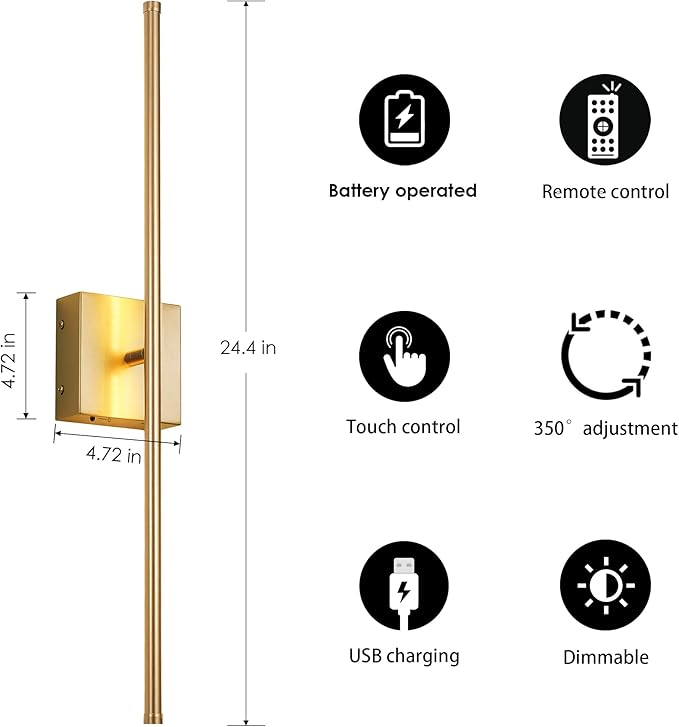 KARTOOSH Battery Operated Wall Sconces with Remote Control, Dimmable Wall Sconces Set of Two, 350°Rotate, 3000K LED Gold Wireless Wall Light for Living Room, Hallway, Bedroom, 24.4 Inch (2 Pack)