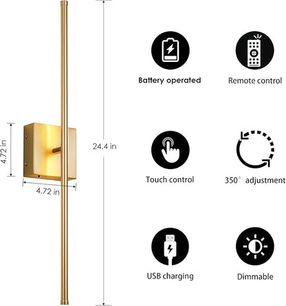 KARTOOSH Battery Operated Wall Sconces with Remote Control, Dimmable Wall Sconces Set of Two, 350°Rotate, 3000K LED Gold Wireless Wall Light for Living Room, Hallway, Bedroom, 24.4 Inch (2 Pack)